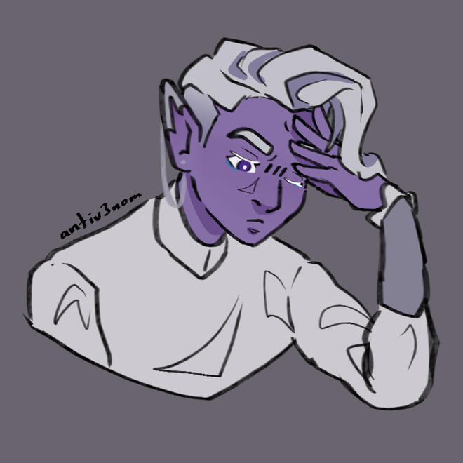 A digital drawing of Essek Thelyss from the chest up, with one hand holding his head, frustrated. His hair is in the same style as his animated design from The Mighty Nein, and he wears a white shirt with puffy sleeves and a silver bracer.