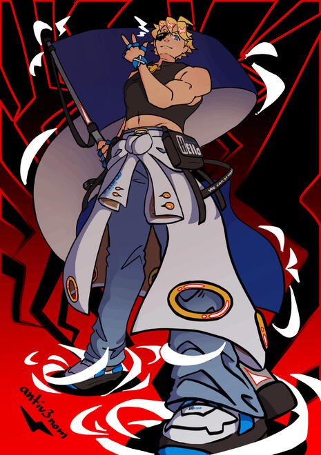 A digital drawing of Sin Kiske, looking up at him from his feet. He's looking at the viewer and holding out his thumb and two fingers in front of his face, with his flag held behind him. Around his feet and flag are white swirls of energy, and the backgrou