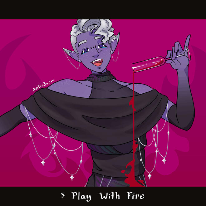 A digital drawing of Essek Thelyss from Critical Role, looking at the viewer with lidded eyes and a large smile, one arm out and the other spilling a glass of wine in front of him. He wears a black robe which covers his neck and down from the midriff, leav