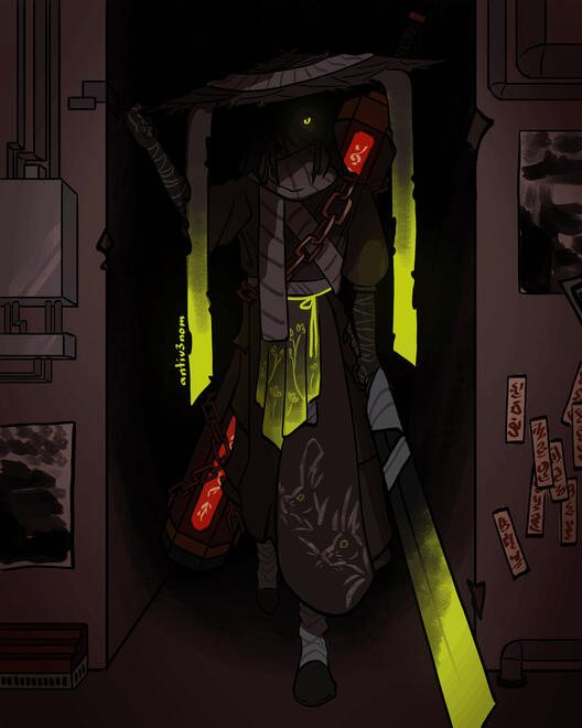 A digital drawing of Zilu from Limbus Company. She's walking out of an alley, with a sword drawn in one hand and the other hand holding her hat. Her face is shaded, but her exposed eye glows yellow/green, as do the ribbons on her hat and her drawn sword. T